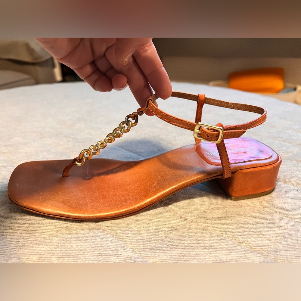 JEFFREY CAMPBELL Sz 8 / 39 Cognac Brown Heeled Sandals With Gold Chain Hardware